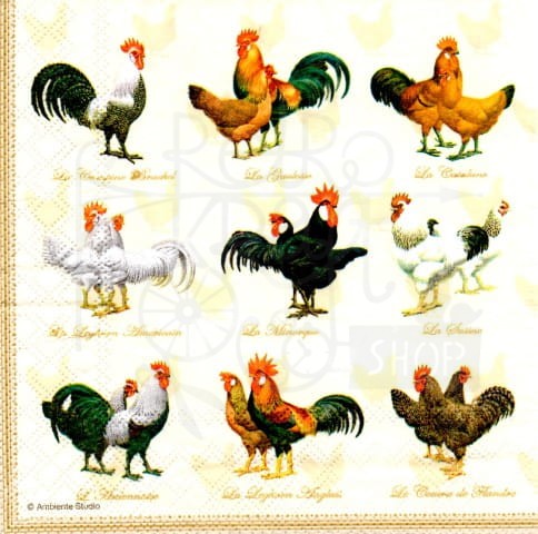 Serwetka 33 x 33 - Koguty, kury, Wielkanoc