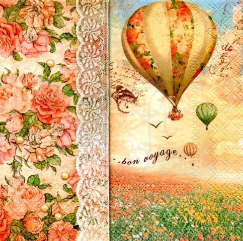 Serwetka 33 x 33 - Bon voyage, balony, koronka, róże