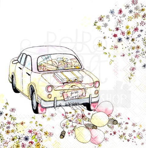 Serwetka 33 x 33 - Just married, samochód pary młodej