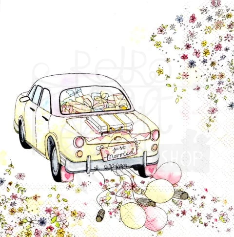 Serwetka 33 x 33 - Just married, samochód pary młodej