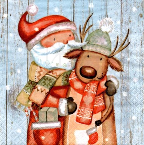 Serwetka 33 x 33 - Mikołaj i renifer w szalikach