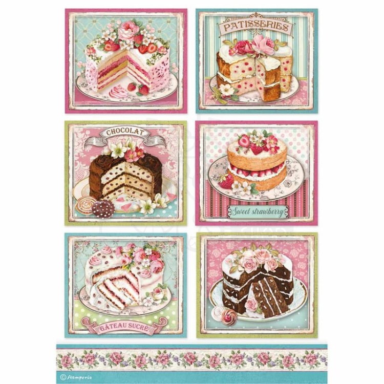 Papier ryżowy a4 Sweet 6 ciastek motywy kwadrat Stamperia
