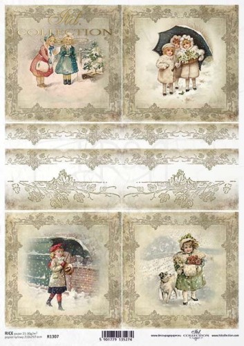 Papier ryżowy A4 dziewczynki retro, zima, śnieg, święta ITD