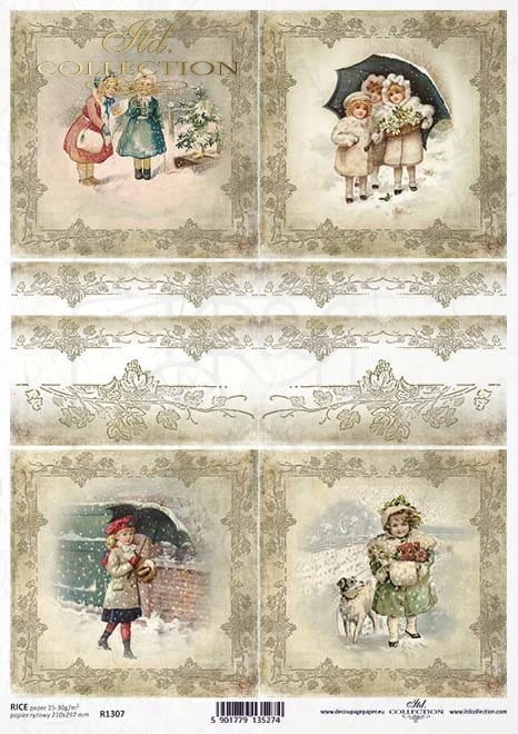 Papier ryżowy A4 dziewczynki retro, zima, śnieg, święta ITD