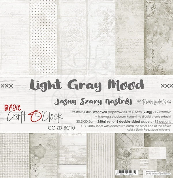 Zestaw papierów 30,5x30,5 Basic 10 Light Gray Mood Craft O'Clock