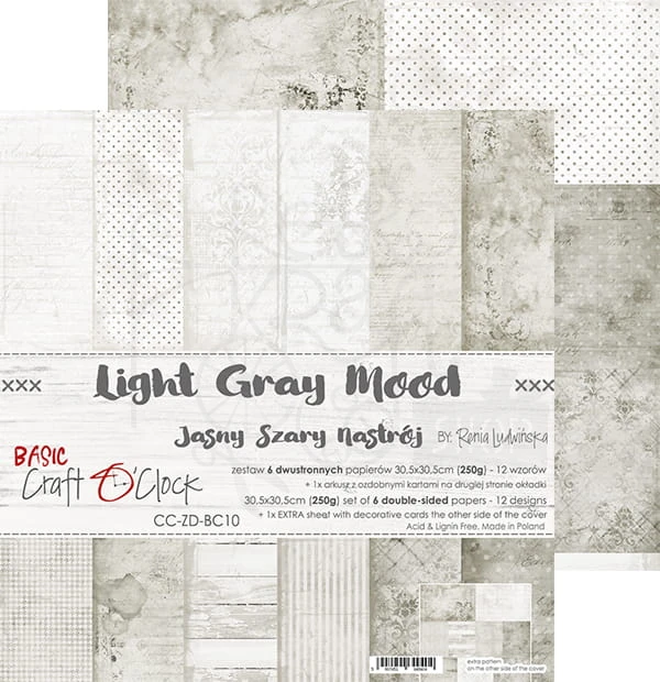 Zestaw papierów 30,5x30,5 Basic 10 Light Gray Mood Craft O'Clock