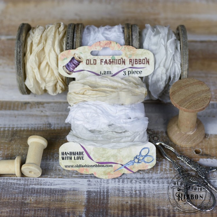 Zestaw gniecionych wstążek vintage kremowy, old white, biała Old Fashion Ribbon