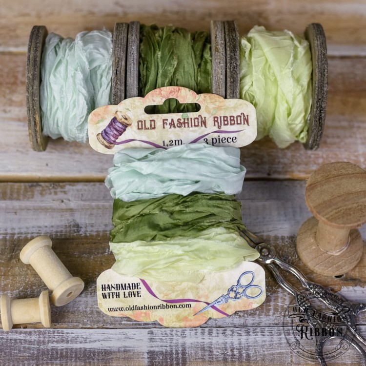 Zestaw gniecionych wstążek vintage cytrynka, jasna mięta, ciemna oliwka Old Fashion Ribbon
