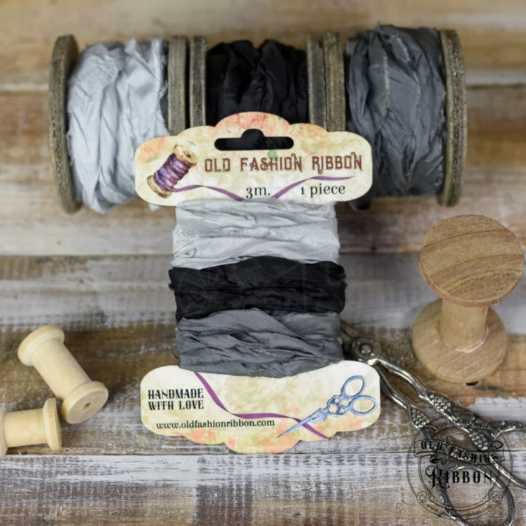 Zestaw gniecionych wstążek vintage szary, ciemny szary, czarny Old Fashion Ribbon