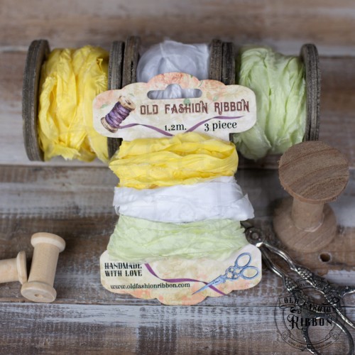 Zestaw gniecionych wstążek vintage  żółty, biały, cytrynka OLDZ-26 Old Fashion Ribbons