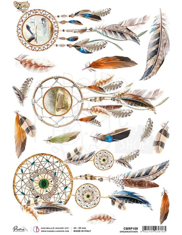 Papier ryżowy A4 Dreamcatcher piora, piórka, łapacz snów CBRP159 Ciao Bella