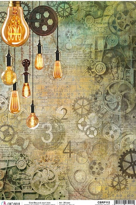 Papier ryżowy A4 Modern Times retro żarówki, mechanizmy, zębatki CBRP112 Ciao Bella