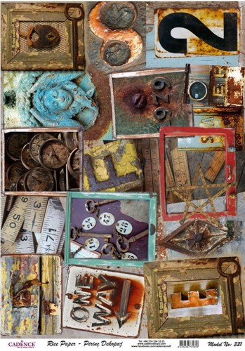 Papier ryżowy A4 vintage, ramki, tabliczki, klucze, zegary PR0321 Cadence
