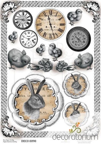 Papier ryżowy A4 Wielkanoc zajączki, pisklęta, zegary 0090 Decoratorium