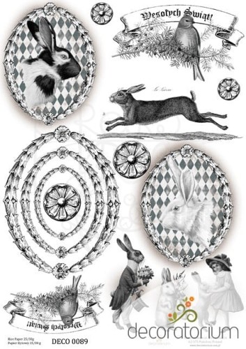 Papier ryżowy A4 zajączki, Wesołych Świąt, ornamenty 0089 Decoratorium