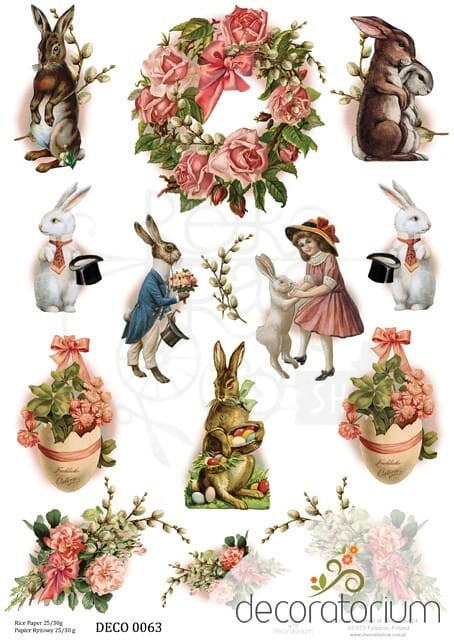 Papier ryżowy A4 zajączki, wianek, kwiaty, dziewczynka 0063 Decoratorium