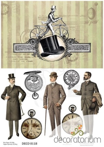 Papier ryżowy A4 retro, zegary, gentleman 0118 Decoratorium