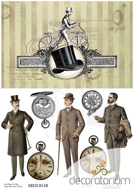 Papier ryżowy A4 retro, zegary, gentleman 0118 Decoratorium