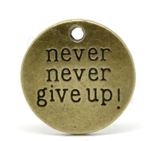 Ozdoba metalowa - zawieszka z napisem 'never never give up!' - antyczny brąz