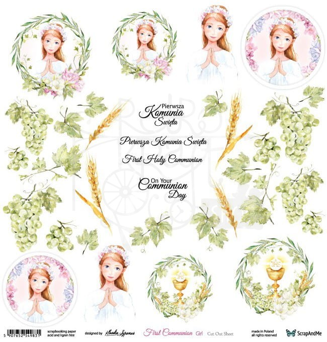 Papier 30x30 First Communion girl - arkusz do wycinania FCG - 01 ScrapAndMe