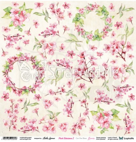 Papier 30x30 Pink Blossom 2 - Flowers - arkusz do wycinania PB2-12 ScrapAndMe