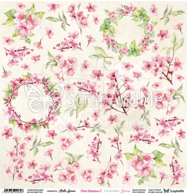 Papier 30x30 Pink Blossom 2 - Flowers - arkusz do wycinania PB2-12 ScrapAndMe