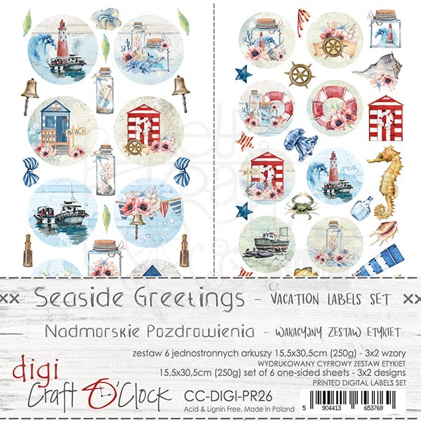 Zestaw etykiet 26 Seaside Greetings Zestaw wakacyjny CC-DIGI-PR26 Craft O'Clock 1