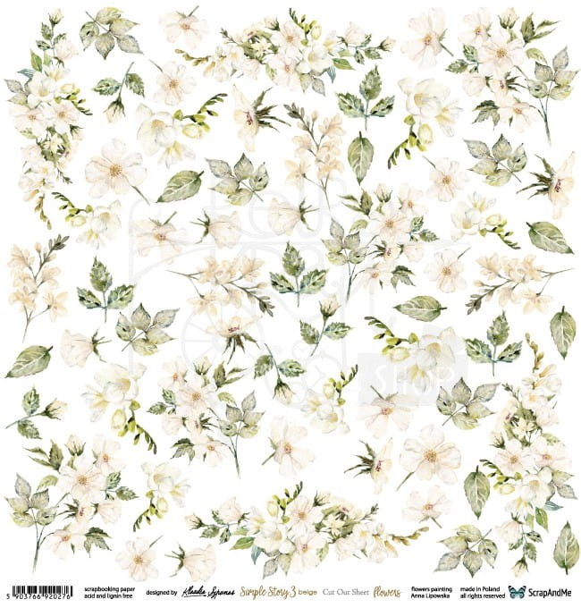 Papier 30x30 Simple Story 3 beige Flowers elementy do wycinania SS3b-12 Scrap and Me