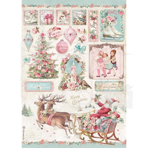 Papier ryżowy A4 Pink Christmas sanie i inne DFSA4629 Stamperia
