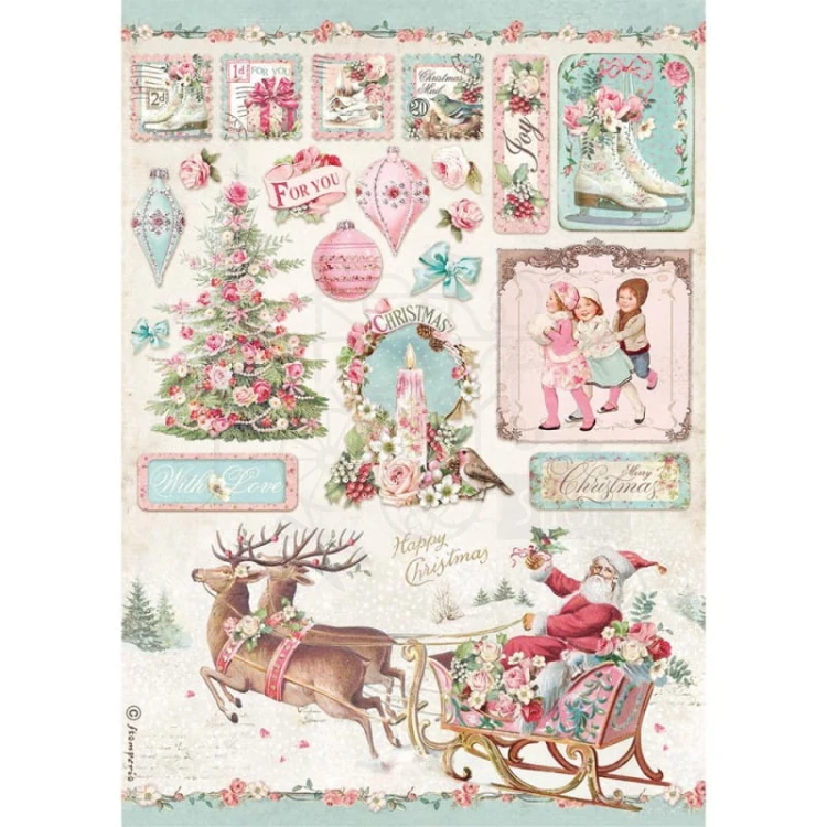 Papier ryżowy A4 Pink Christmas sanie i inne DFSA4629 Stamperia