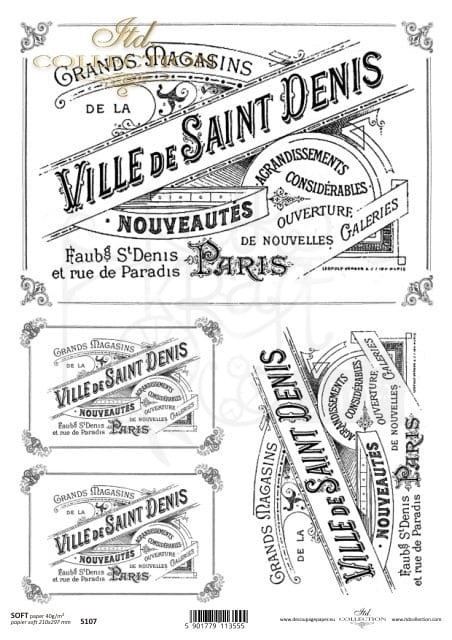 Papier decoupage SOFT A4 Vintage napis czarno biały Lille De Saint Denis S0107 ITD Collection
