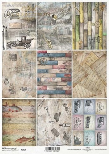 Papier ryżowy A4 Men's World - Karty Retro samochody nuty deski R2035 ITD Collection