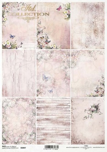 Papier ryżowy A4 Rosy Summertime - Karty Kwiaty spękania deski motyle R2047 ITD Collection