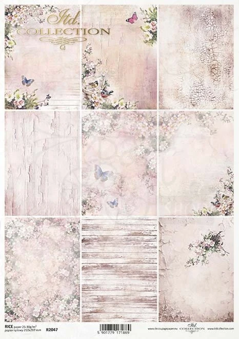 Papier ryżowy A4 Rosy Summertime - Karty Kwiaty spękania deski motyle R2047 ITD Collection