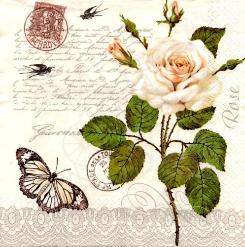 Serwetka 33x33 Vintage roża motyl pismo