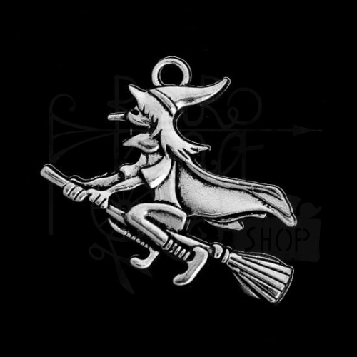 Ozdoba metalowa - czarownica na miotle - antyczne srebro 1