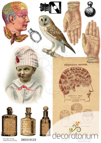 Papier ryżowy A4 retro twarze butelki sowa 0123 Decoratorium