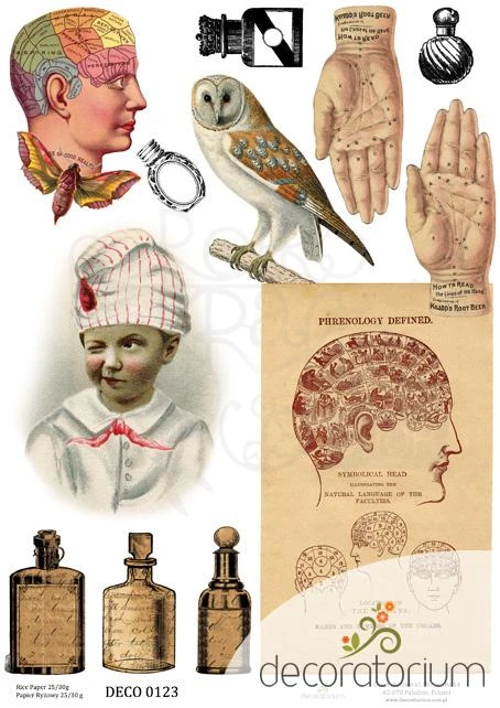 Papier ryżowy A4 retro twarze butelki sowa 0123 Decoratorium