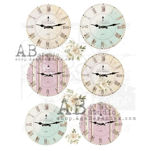 Papier ryżowy A4 retro tarcze zegarów shabby koła medaliony 0533 ABstudio