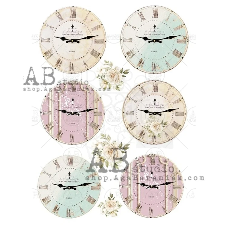 Papier ryżowy A4 retro tarcze zegarów shabby koła medaliony 0533 ABstudio