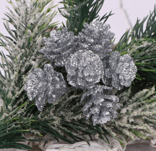 Szyszka brokatowa na druciku mała srebrna 6szt