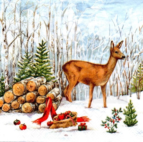 Serwetka 33x33 - Sarny jeleń i choinka