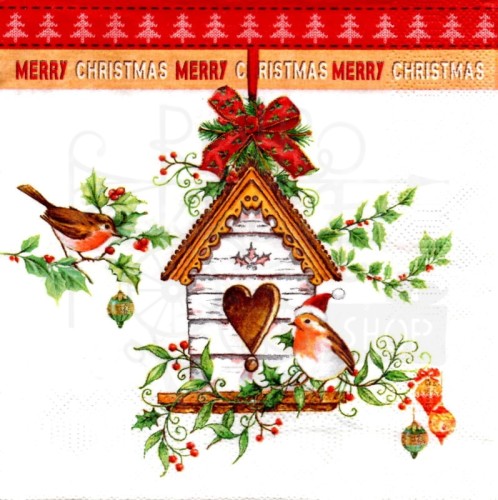 Serwetka 33x33 - Domek dla ptaków - Merry Christmas