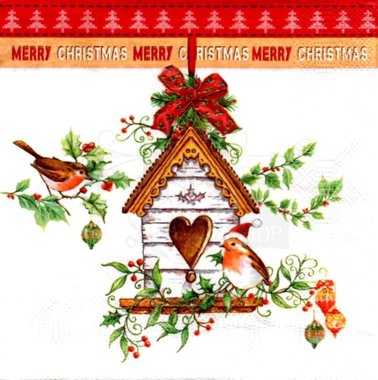 Serwetka 33x33 - Domek dla ptaków - Merry Christmas