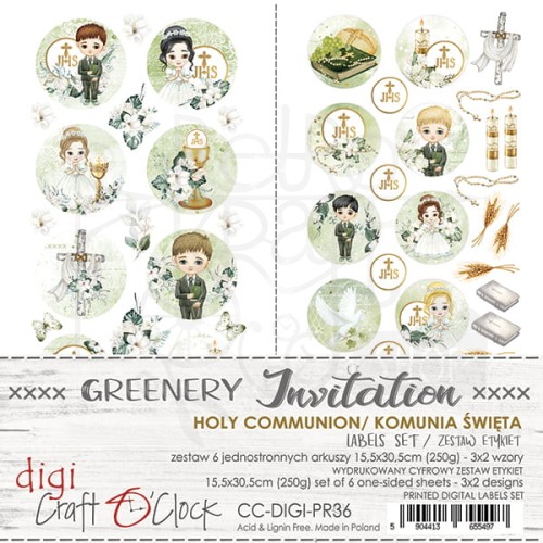 Zestaw etykiet 36 - Greenery Invitation - Komunia CC-DIGI-PR36 Craft O'Clock