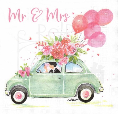 Serwetka 33x33 - Mr&amp;Mrs młoda para w aucie