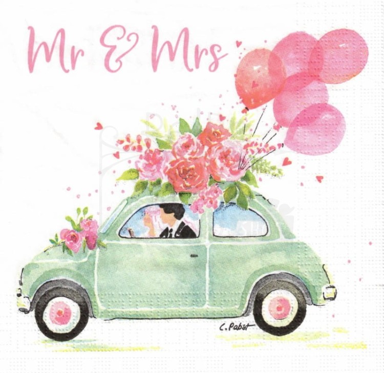 Serwetka 33x33 - Mr&amp;Mrs młoda para w aucie