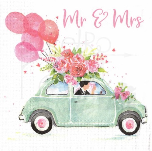 Serwetka 33x33 - Mr&amp;Mrs młoda para w aucie