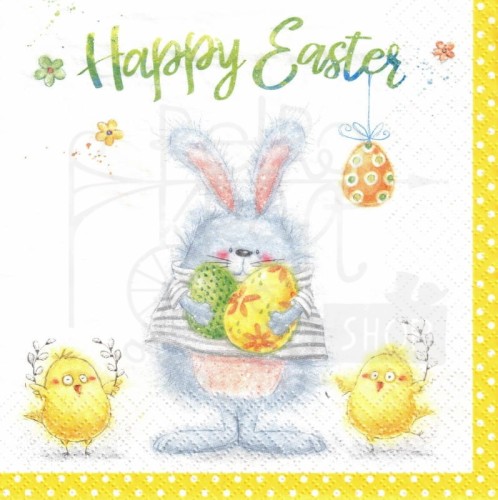 Serwetka 33x33 - Happy Ester zajączek pisanki i kurczaczki