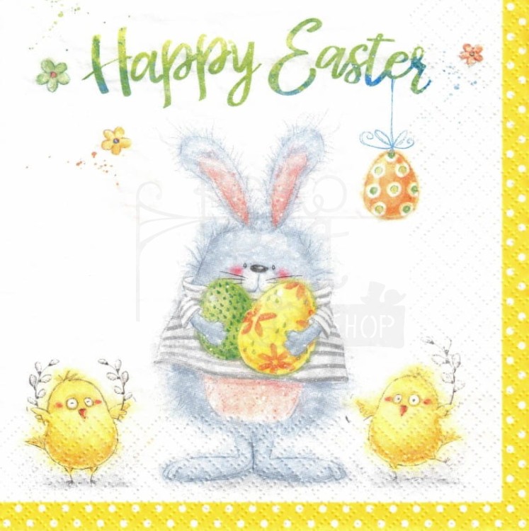 Serwetka 33x33 - Happy Ester zajączek pisanki i kurczaczki